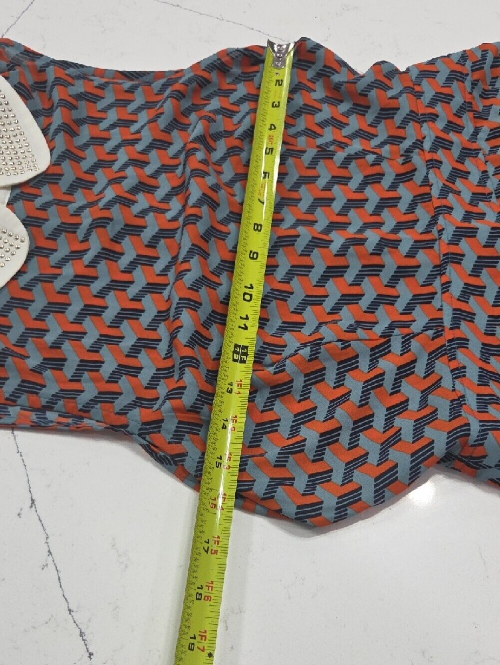 Geo-Print Sleeveless Mini Dress with Contrast Peter Pan Collar - Rust & Blue SzM - Picture 6 of 11